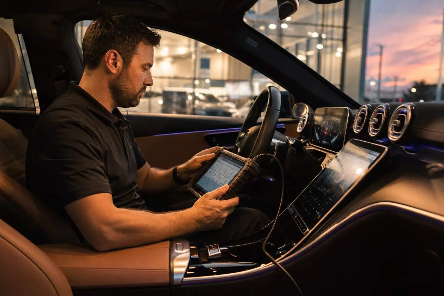 Specialist programming a European vehicle key with diagnostic equipment